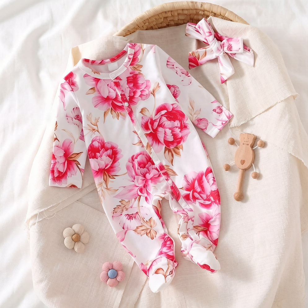 2PCS Gorgeous Floral Printed Long Sleeve Baby Jumpsuit