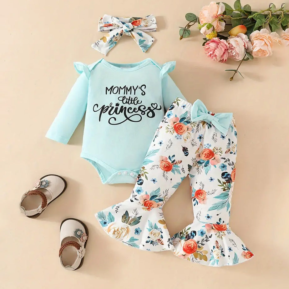 3PCS Mommy's Little Princess Letter Floral Printed Long Sleeve Baby Set