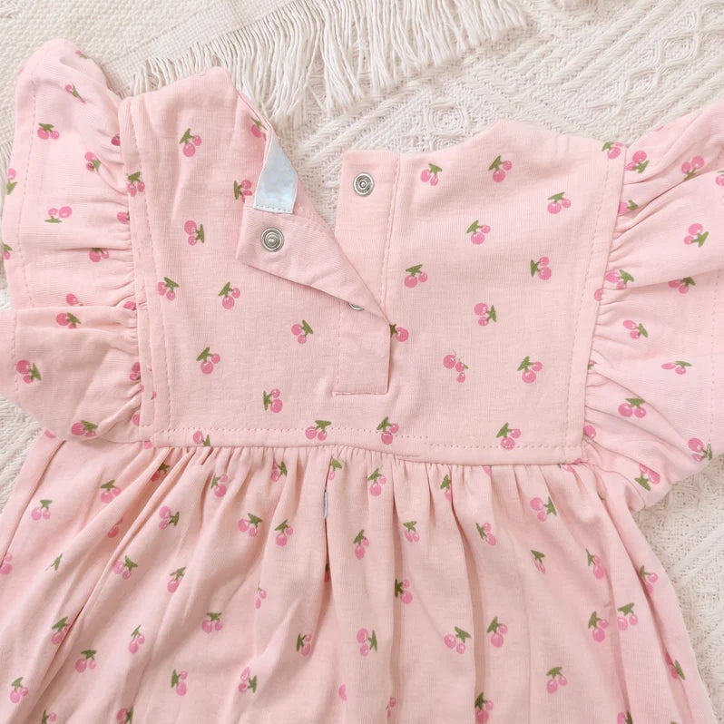 Elegant Cherry Print Flutter Sleeve Baby Jumpsuit