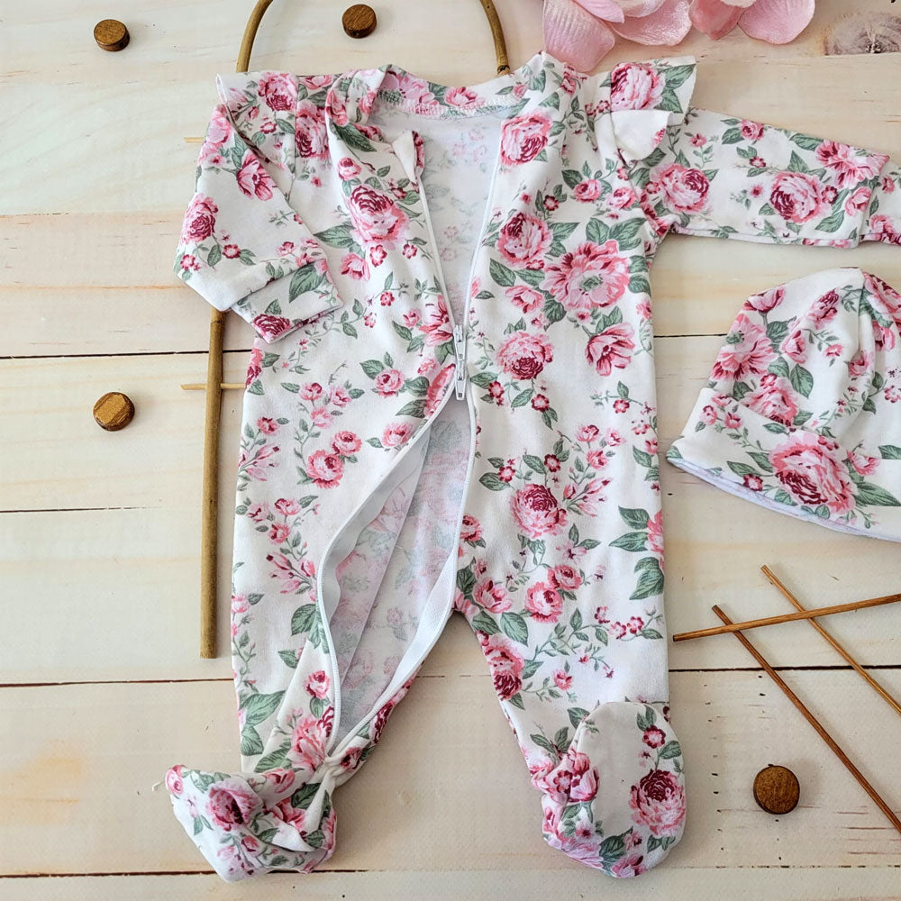 2PCS Comfy Floral Printed Zipper Long Sleeve Baby Girl Jumpsuit