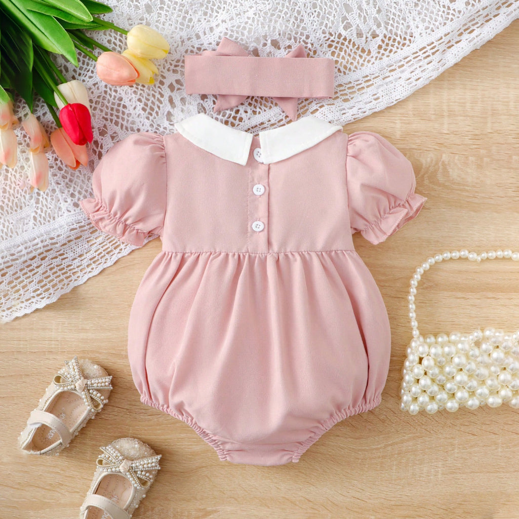 2PCS Sweet Solid Color Baby Girl Romper