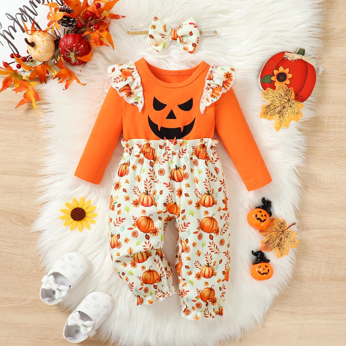 2PCS Halloween Pumpkin Printed Long Sleeve Baby Jumpsuit