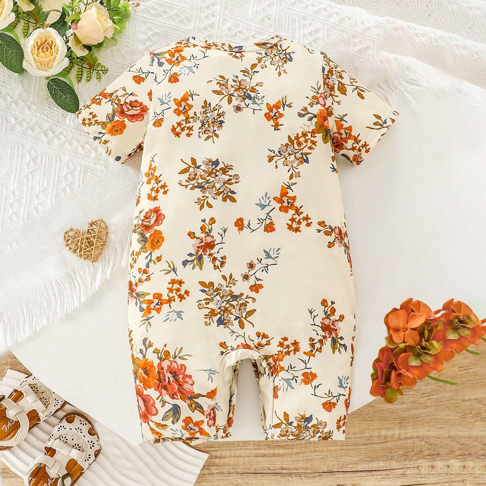 Stylish Floral Printed Ruffle Decor Short Sleeve Baby Jumpsuit