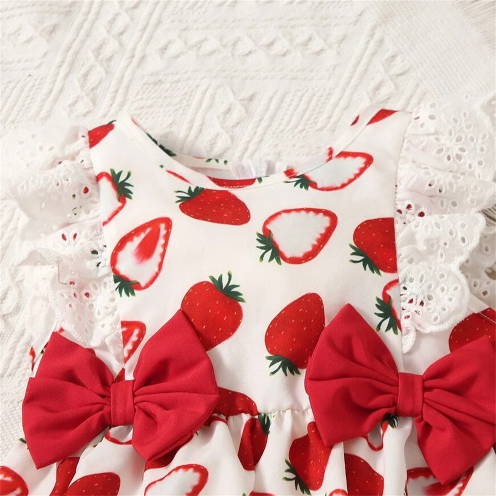 Stylish Strawberry Printed Flounce Sleeve Baby Jumpsuit