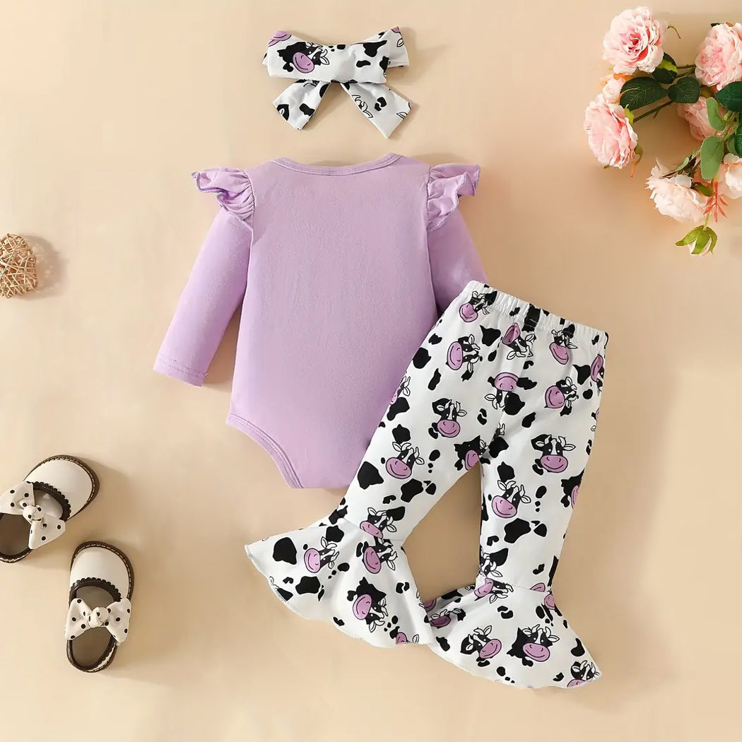 3PCS Cute Cow Printed Long Sleeve Flared Trousers Baby Set