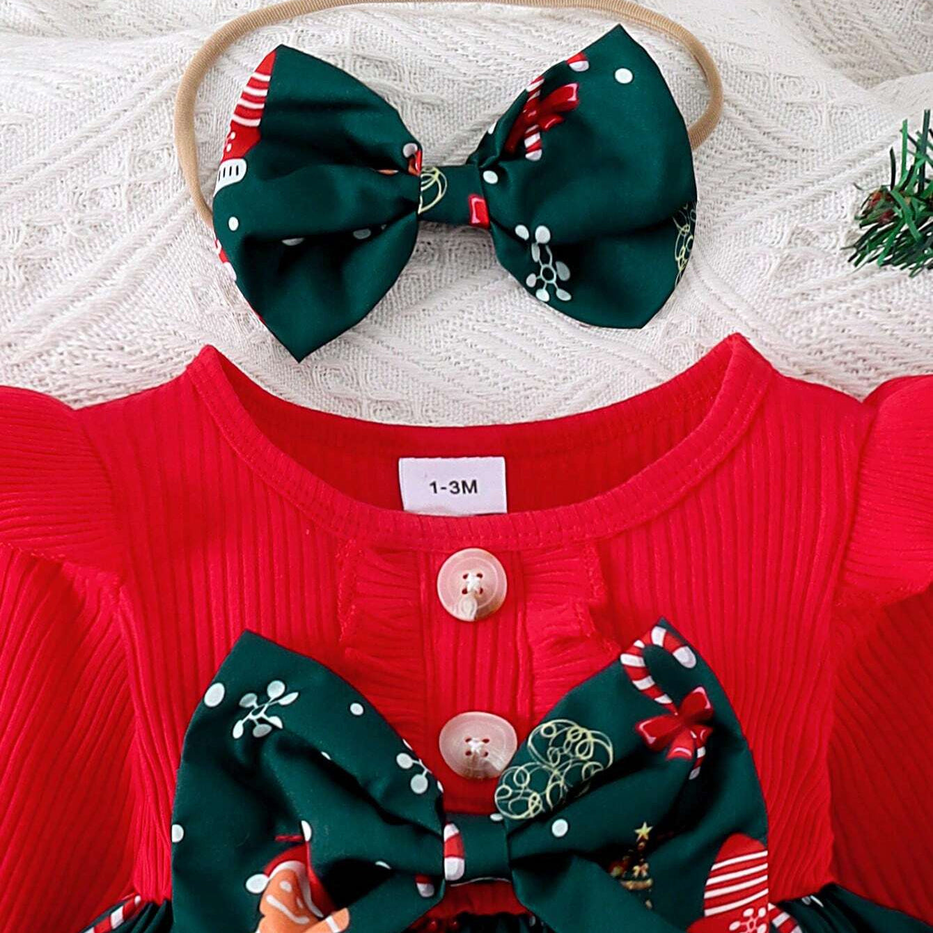 2PCS Christmas Gingerbread Printed Long Sleeve Baby Romper