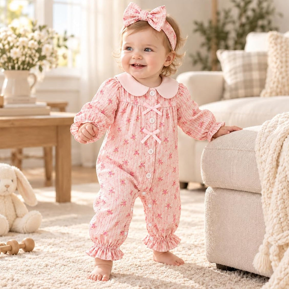 2PCS Delightful Baby Girl Ditsy Floral Print Long Sleeve Jumpsuit