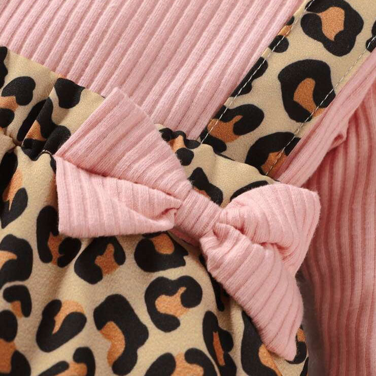 2PCS Sweet Color-Blocked Leopard Printed Long Sleeve Baby Romper