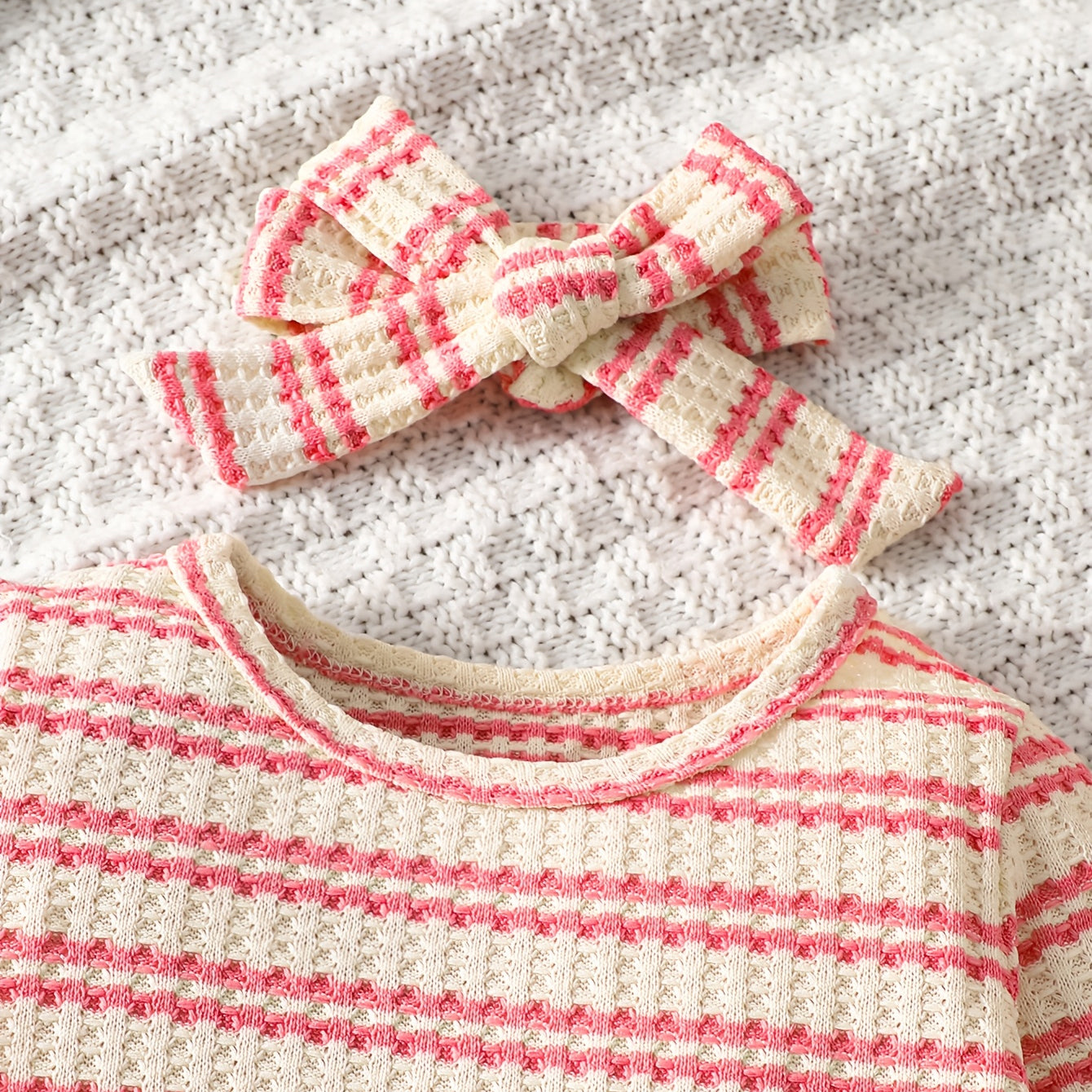 2PCS Stripe Print Waffle Weave Long Sleeve Baby Jumpsuit