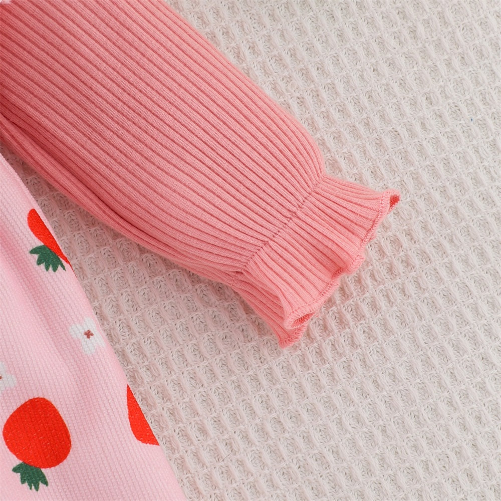 2PCS Sweet Strawberry Print Bow Long Sleeve Baby Jumpsuit