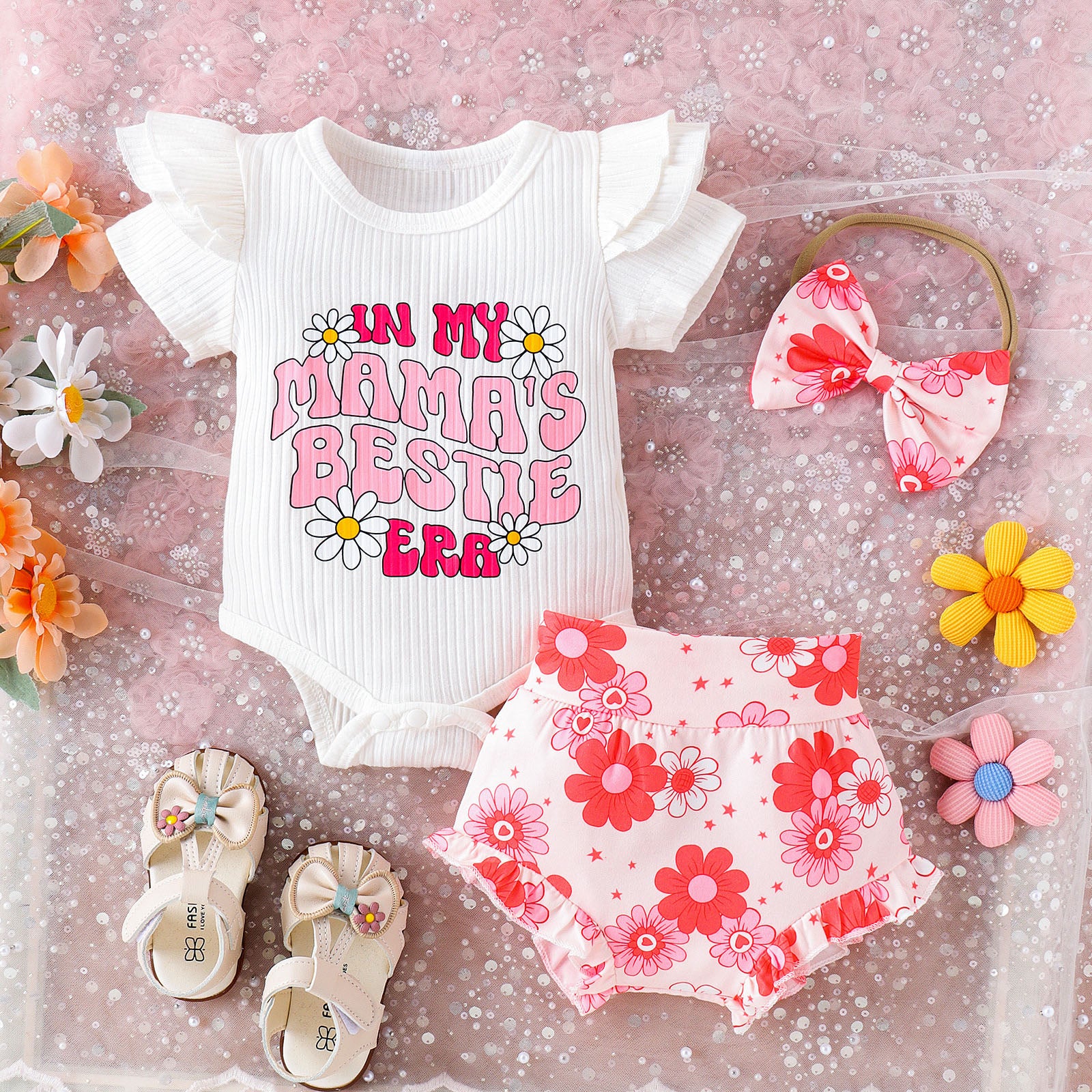 3PCS Mama's Bestie Letter And Floral Printed Short Sleeve Baby Set