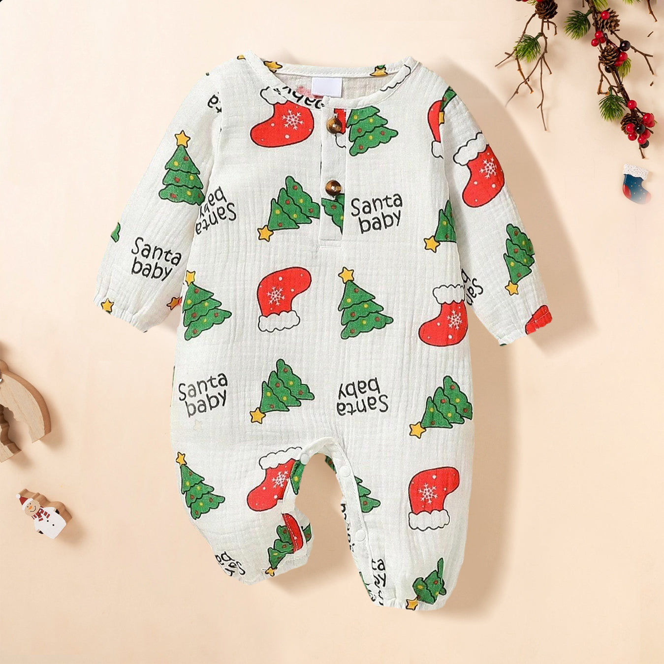 Santa Baby Letter Christmas Tree Printed Long sleeve Baby Jumpsuit