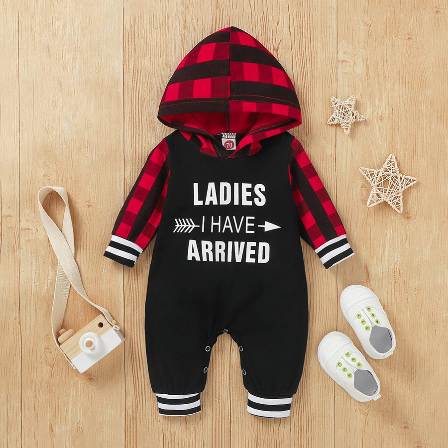 Cute Letter Plaid Printed Long Sleeve Hooded Baby Jumpsuit