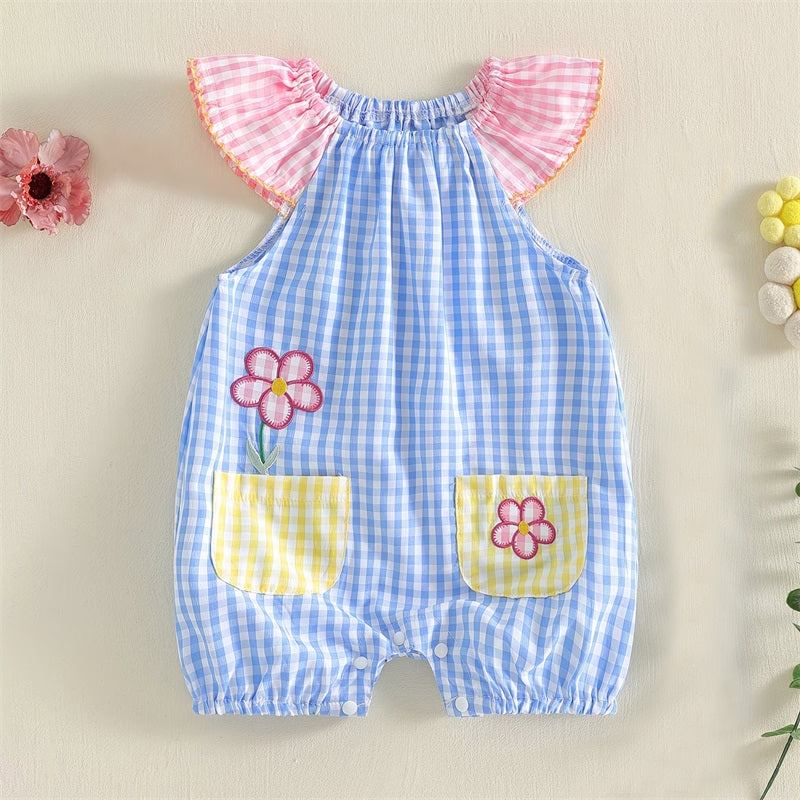 Cute Floral Embroidery Plaid Fly Sleeve Baby Jumpsuit