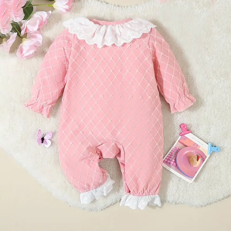 Adorable Embroidery Ruffle Decor Textured Long Sleeve Baby Jumpsuit