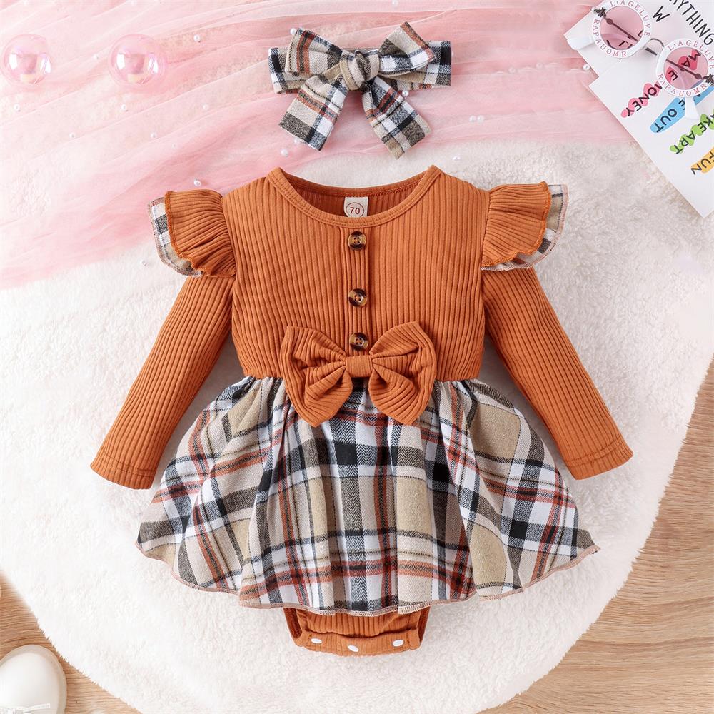 2PCS Lovely Plaid Print Long Sleeve Baby Romper