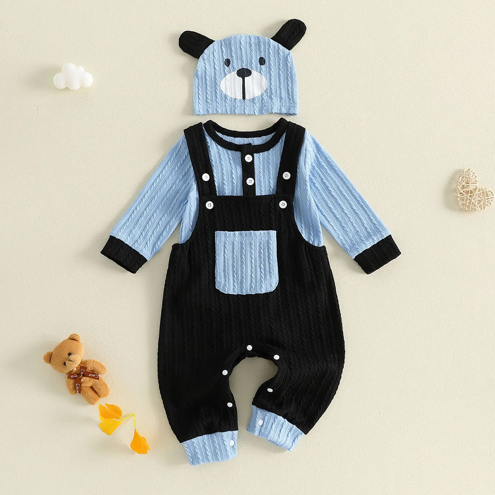 3PCS Cute Bear Print Long Sleeve Baby Overalls Set