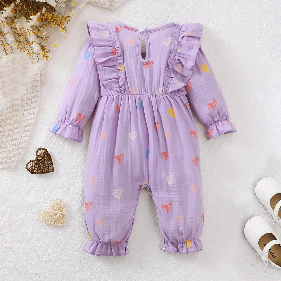 Elegant Heart Printed Bow Long Sleeve Baby Jumpsuit