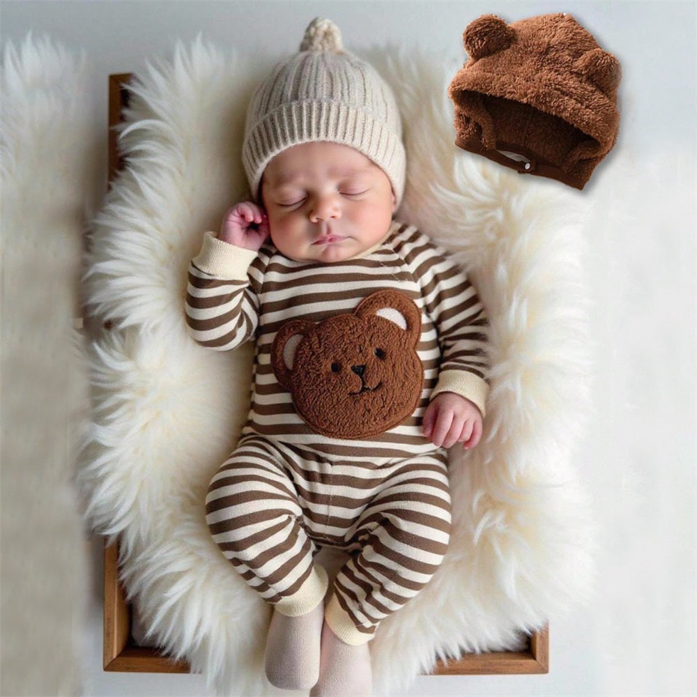 2PCS Cartoon Bear Embroidery striped Long Sleeve Baby Jumpsuit