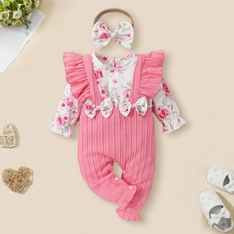 2PCS Sweet Floral Printed Ruffle Bowknot Long Sleeve Baby Jumpsuit