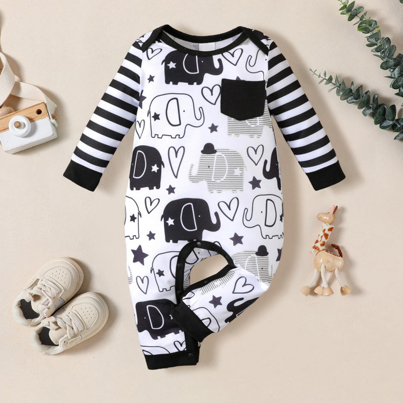 All Over Cartoon Elephant Printed Striped Long Sleeve Baby Jumpsuit