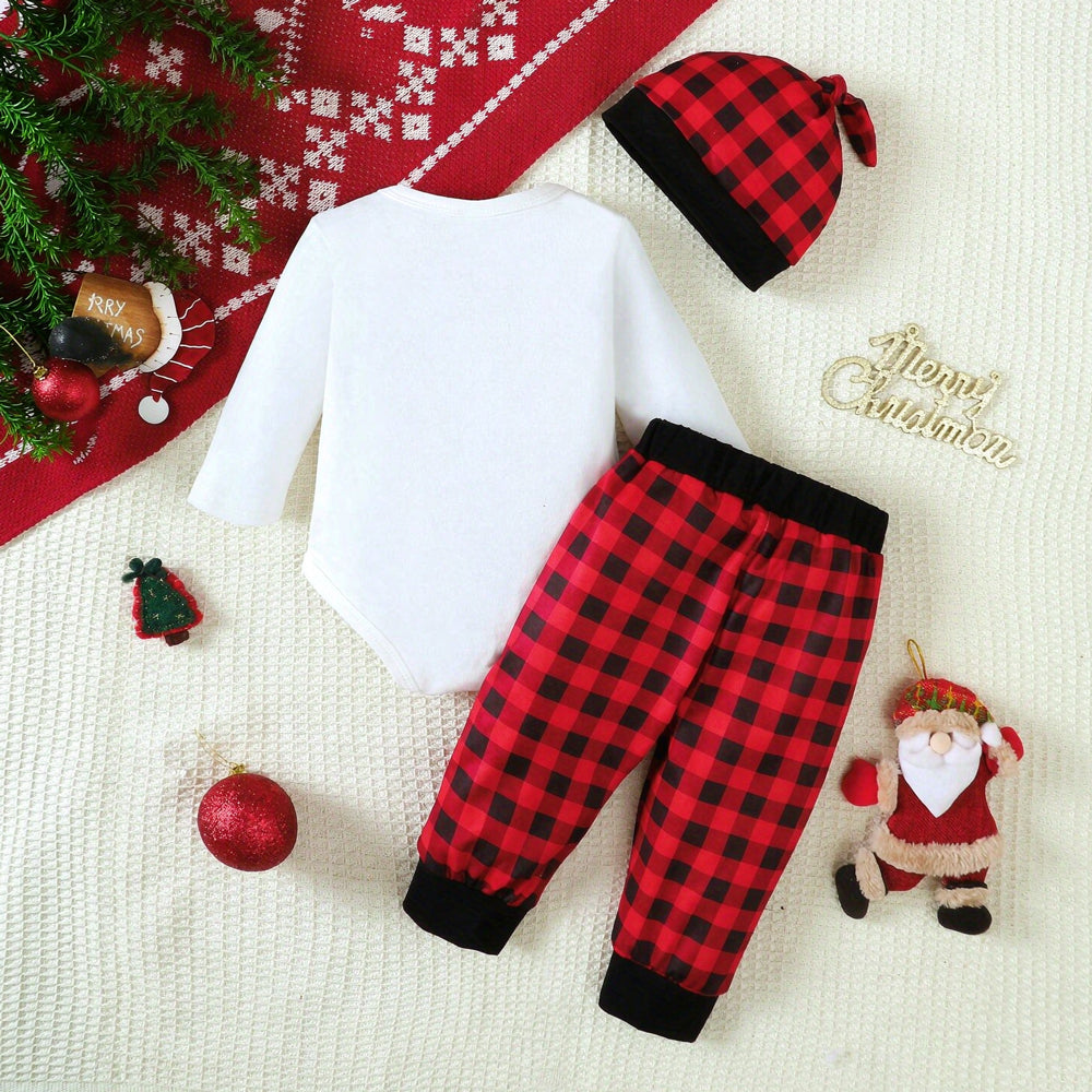 3PCS Merry Christmas Letter Santa Plaid Print Baby Boy Set
