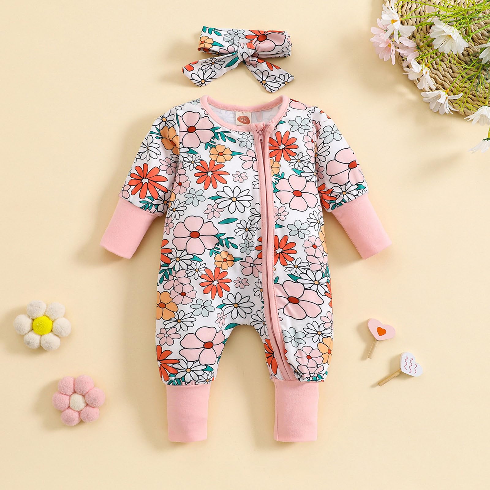 2PCS Floral Printed Long Sleeve Zipper Baby Jumpsuit