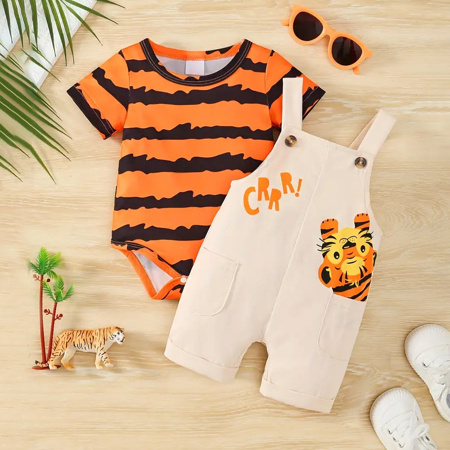 2PCS Adorable Stripe Tiger Printed Short Sleeve Baby Overalls Set