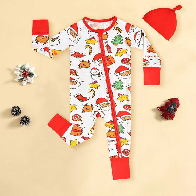 2PCS Christmas Santa Claus Printed Bamboo Viscose Baby Jumpsuit