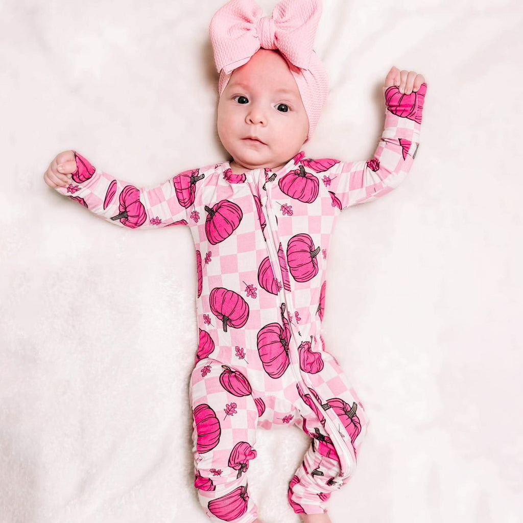 Comfy Pumpkin Plaid Printed Long Sleeve Zipper Baby Jumpsuit