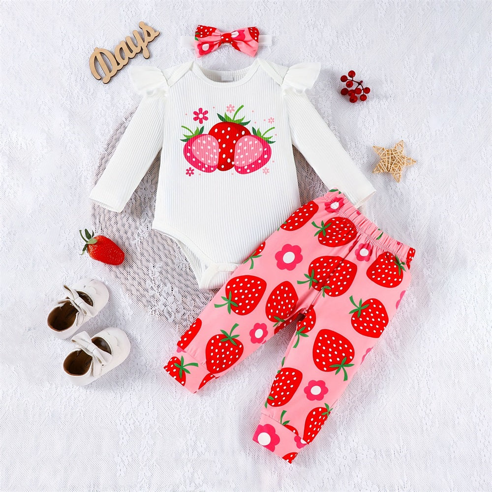 3PCS Sweet Strawberry Floral Print Long Sleeve Baby Set