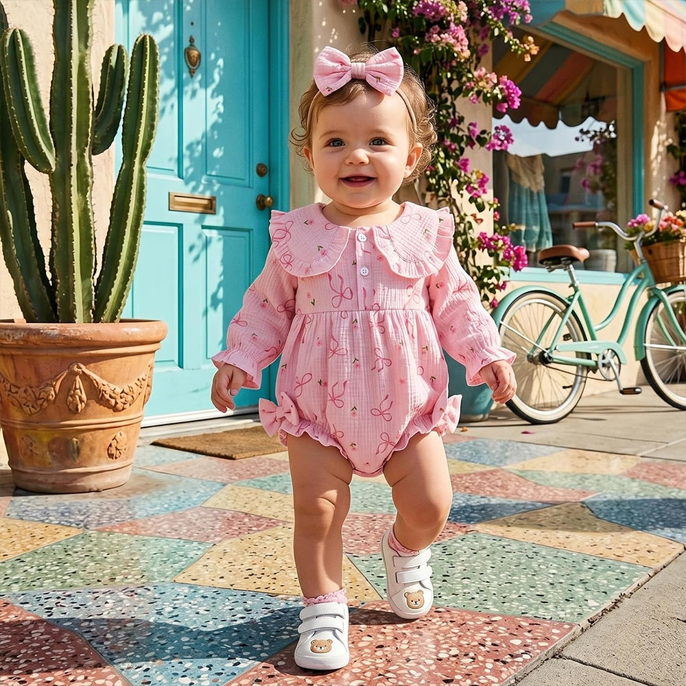 2PCS Adorable Bow Floral Printed Baby Girl Romper