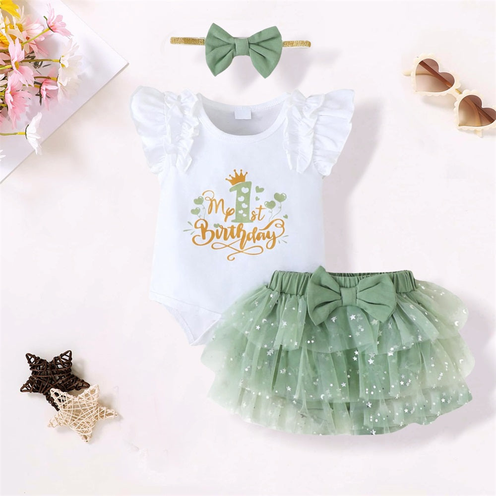 3PCS My 1st Birthday Letter Print Sleeveless Mesh Skirt Baby Set