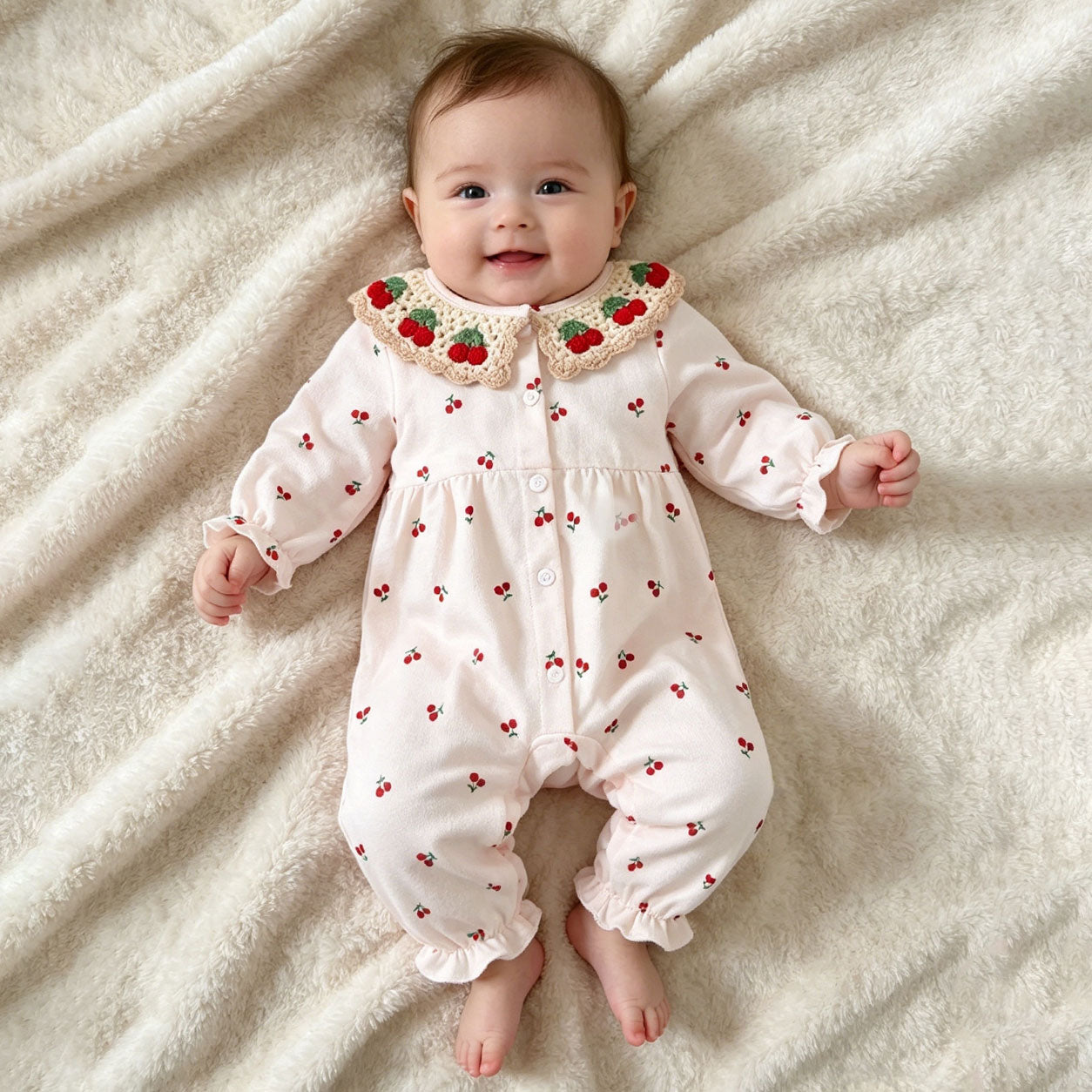All-Over Cherry Printed Crochet Collar Long Sleeve Baby Jumpsuit