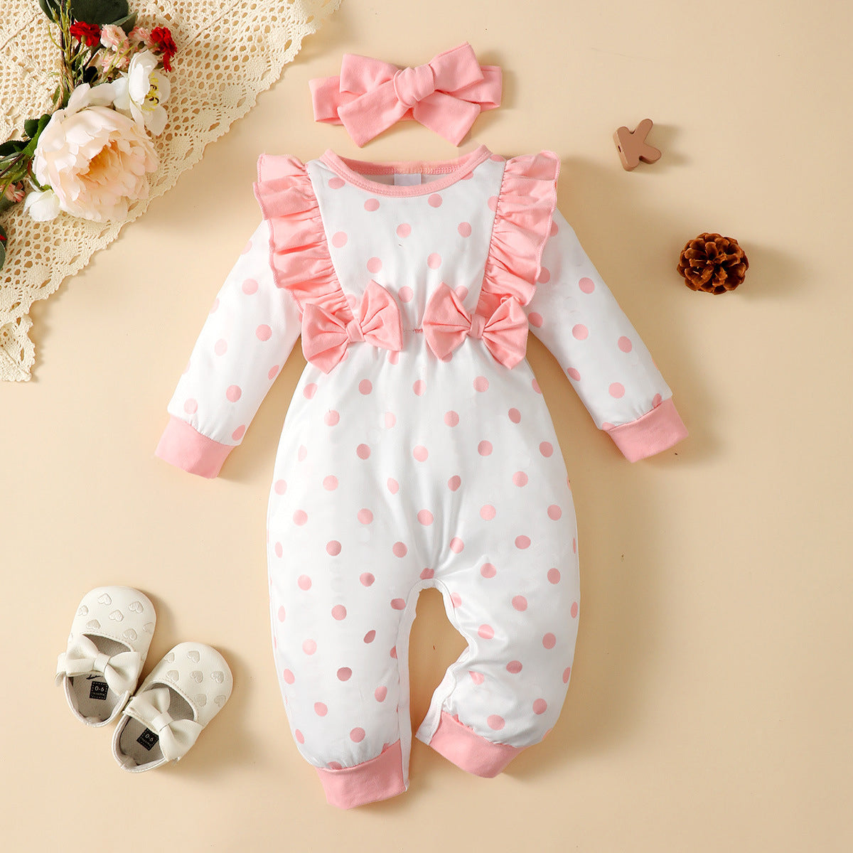 2PCS Sweet Polka Dots Printed Ruffle Shoulder Baby Jumpsuit