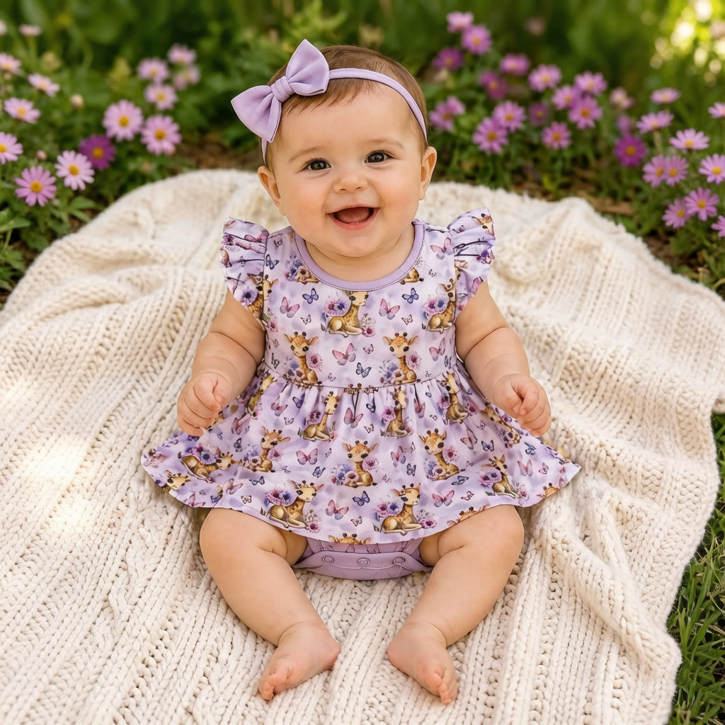 2PCS Cute Giraffe Butterfly Print Flutter Sleeve Baby Romper