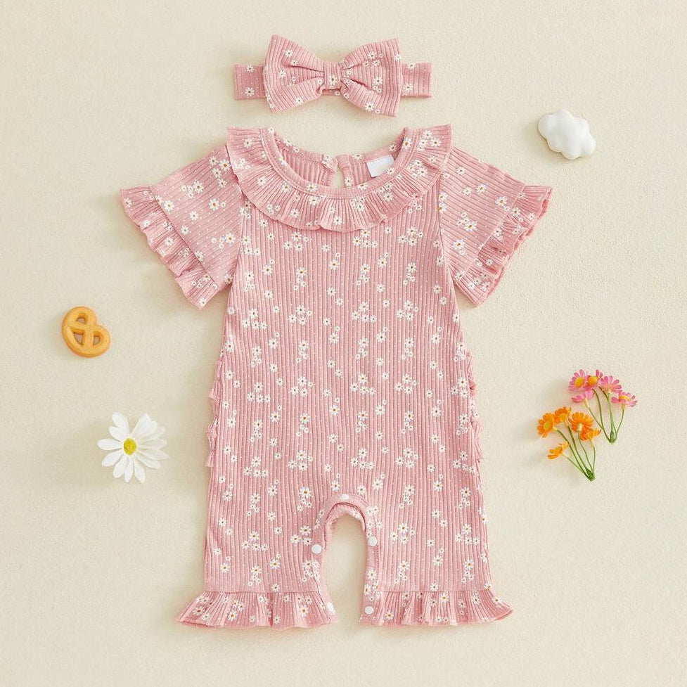 2PCS Sweet All-over Daisy Print Short Sleeve Baby Jumpsuit