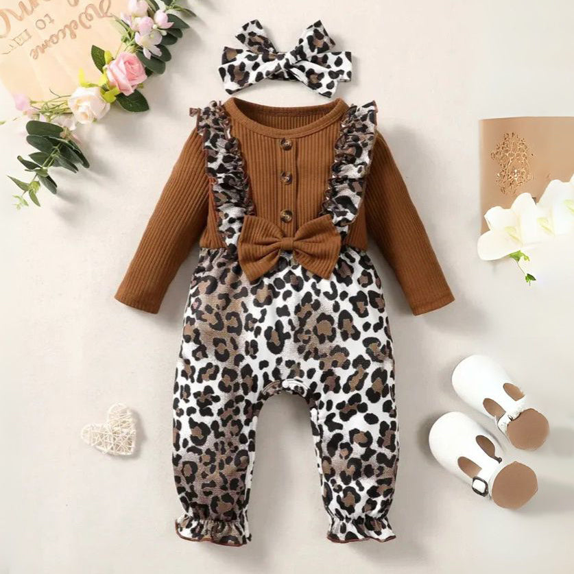 2PCS Classy Leopard Printed Baby Girl Jumpsuit