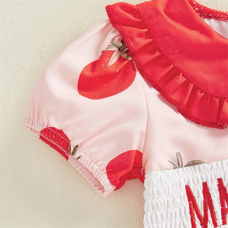 2PCS Mama's Bestie Letter Embroidery Strawberry Print Baby Romper