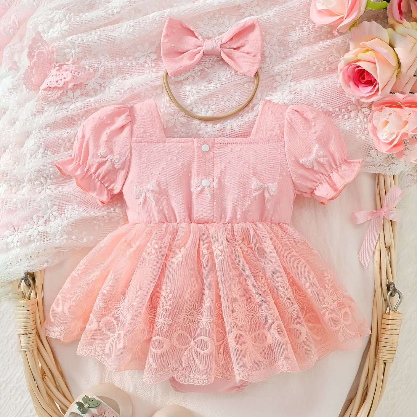2PCS Sweet Floral and Bow Print Puff Sleeve Baby Romper