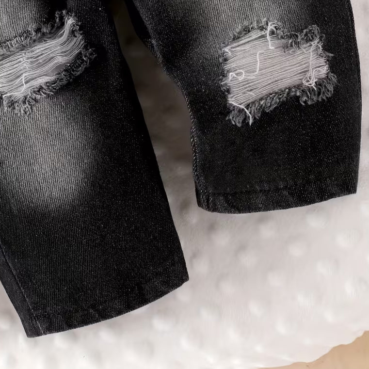 2PCS Stripe Print Denim Overalls Baby Set