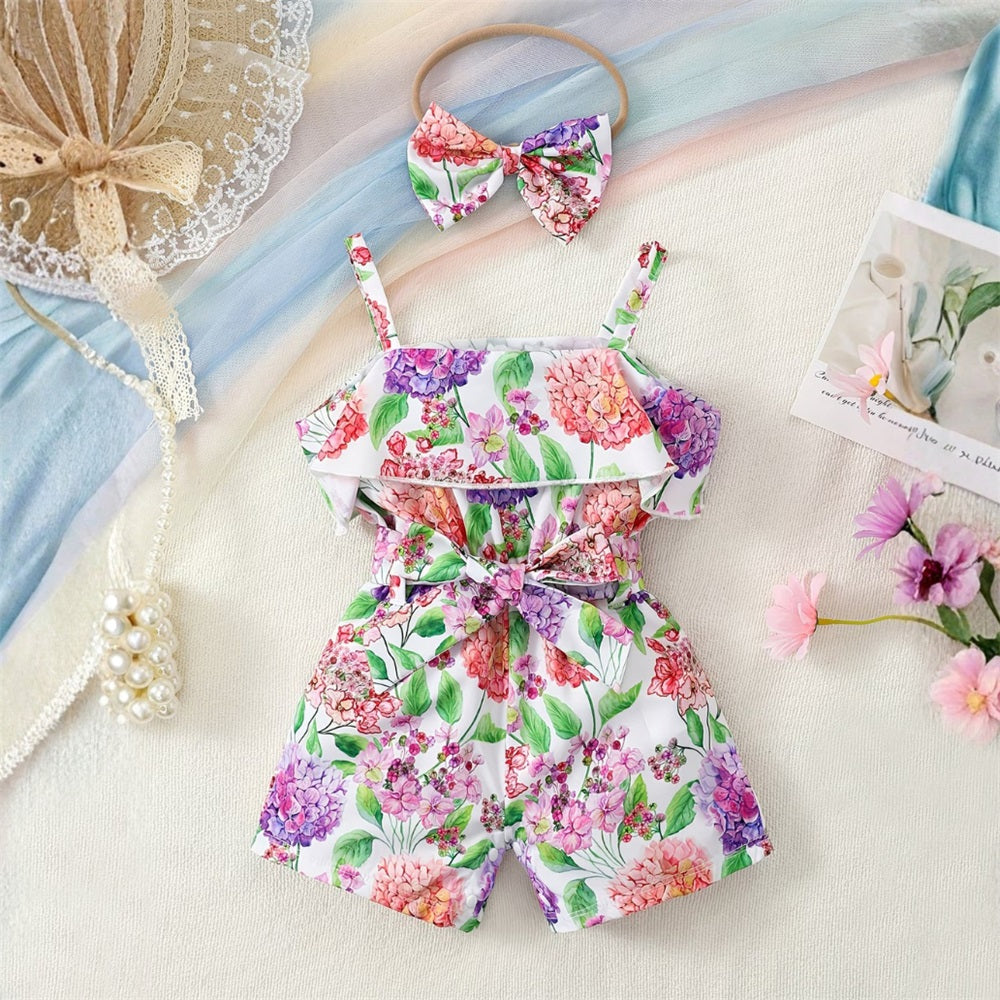 2PCS Stylish Floral Printed Baby Suspender Jumpsuit