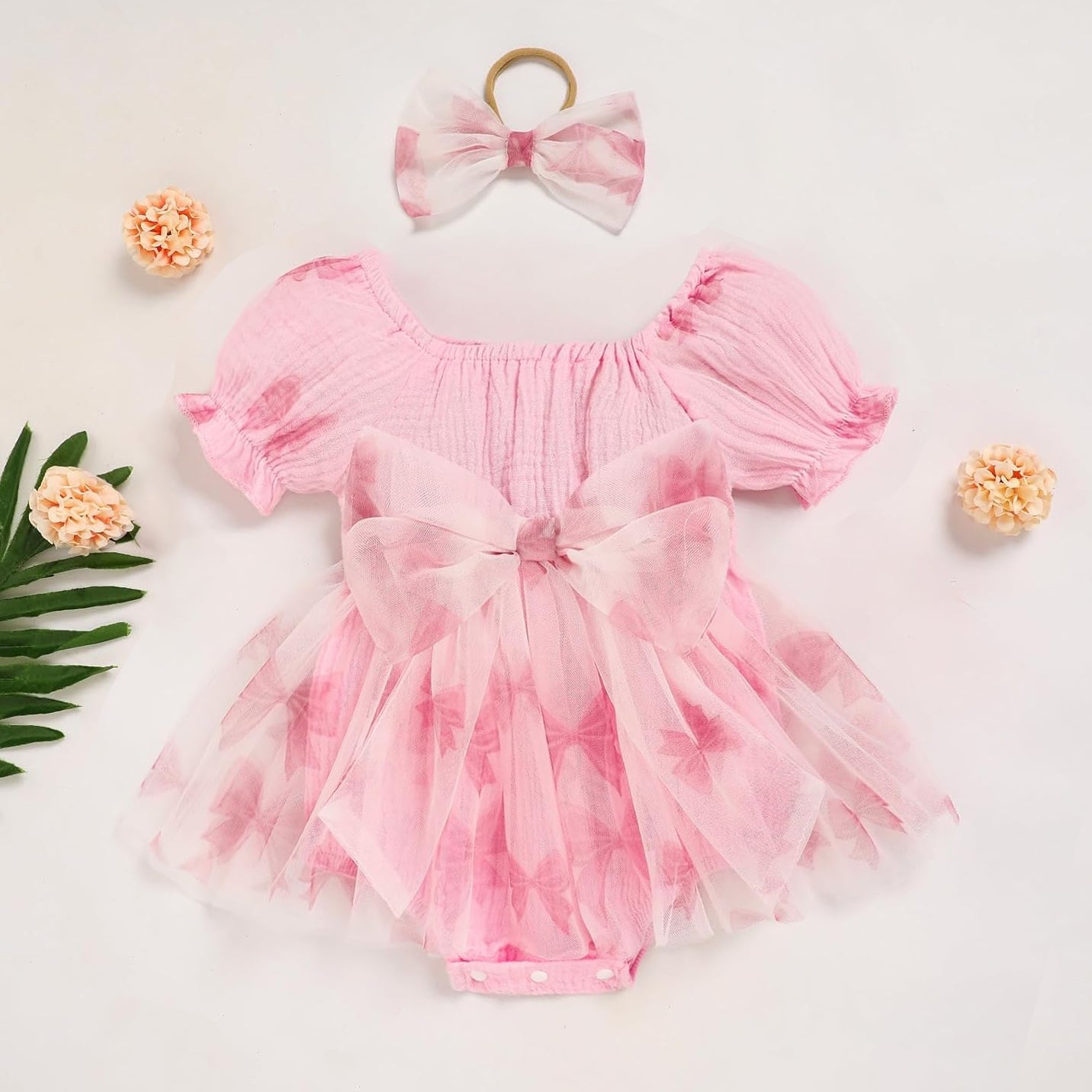 2PCS Gorgeous Bow Print Puff Sleeve Baby Romper