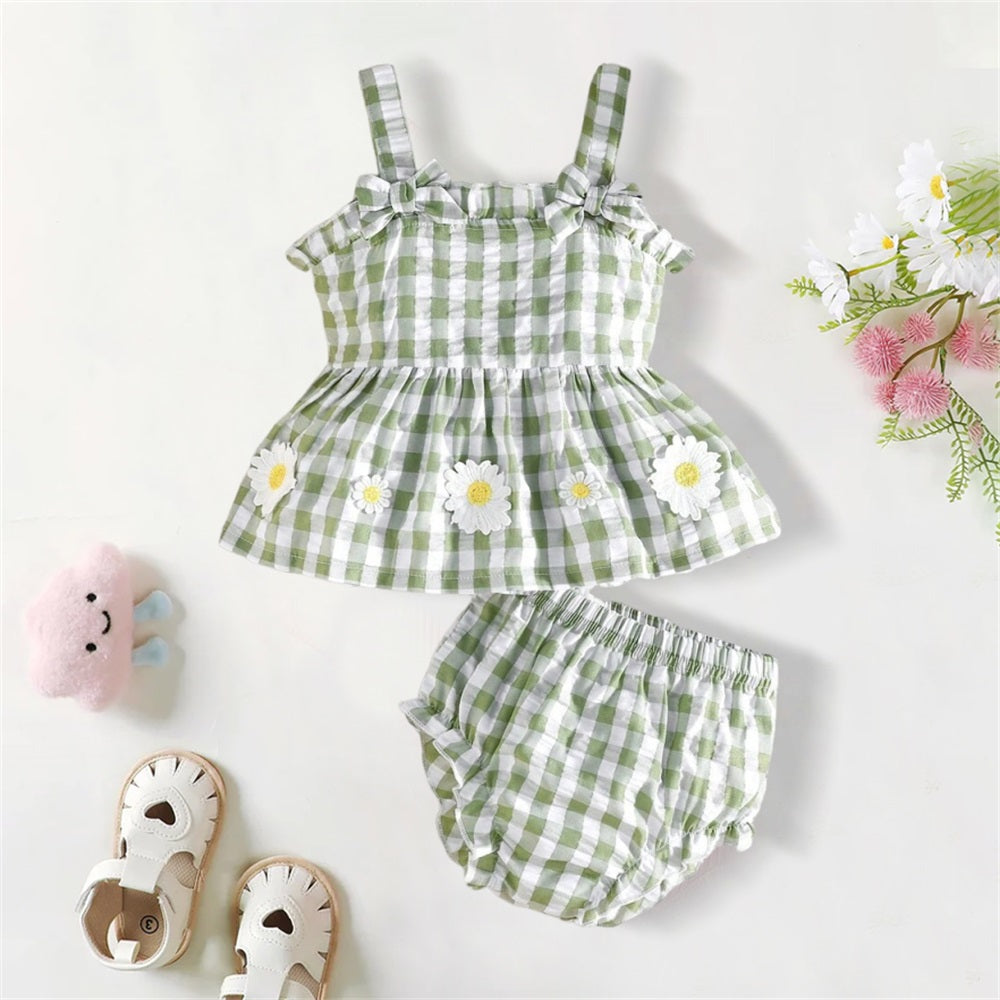 2PCS Summer Plaid Printed Sleeveless Baby Set