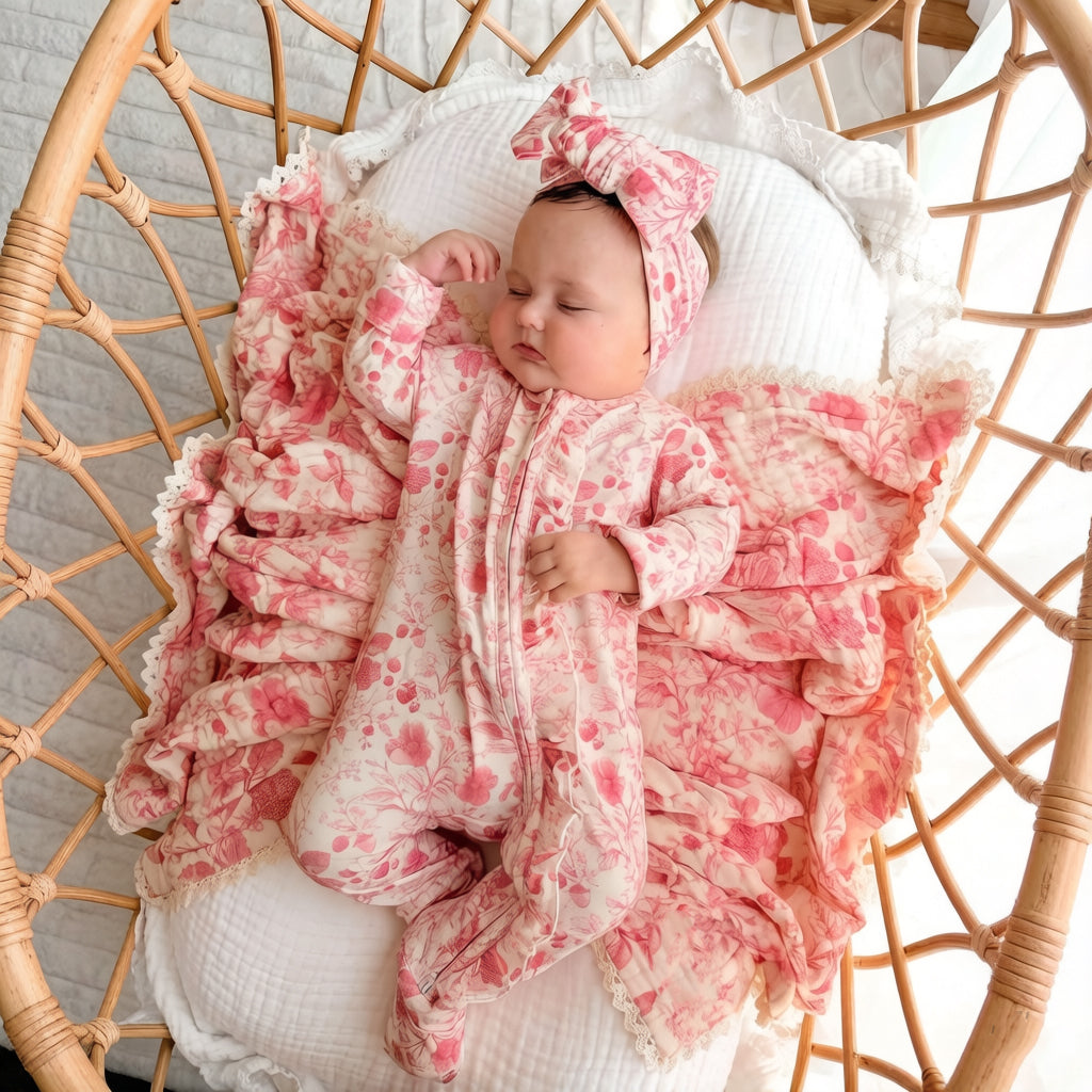 2PCS Romantic Floral Print Zipper Long Sleeve Baby Jumpsuit