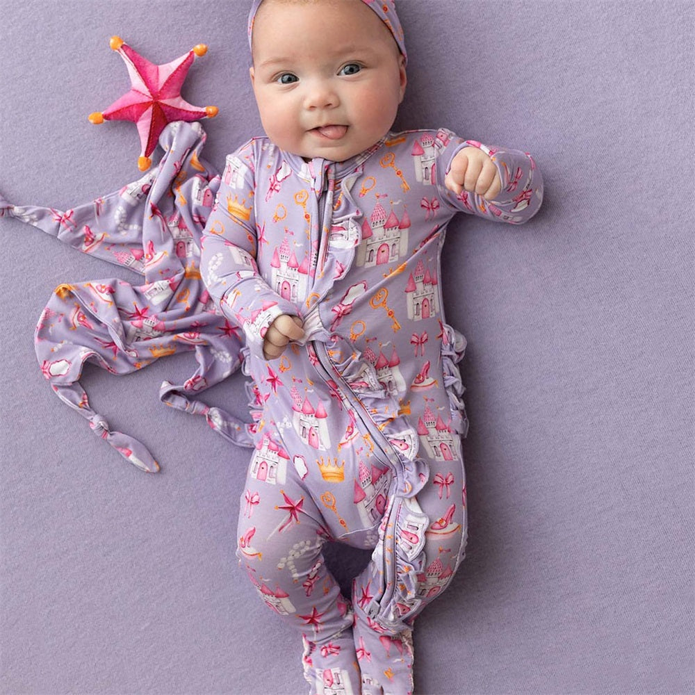 2PCS Dreamy Castle Print Frill Long Sleeve Baby Jumpsuit