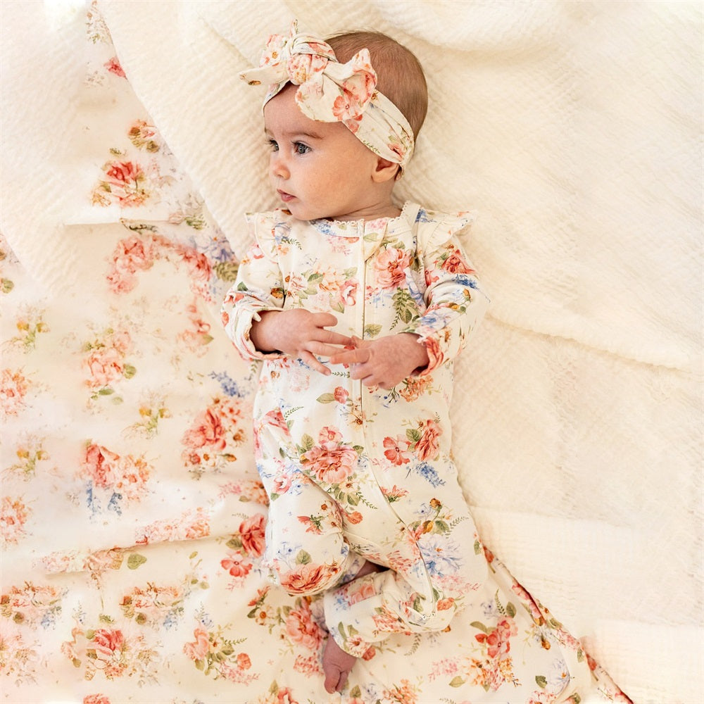 2PCS Allover Floral Print Long Sleeve Zipper Baby Jumpsuit