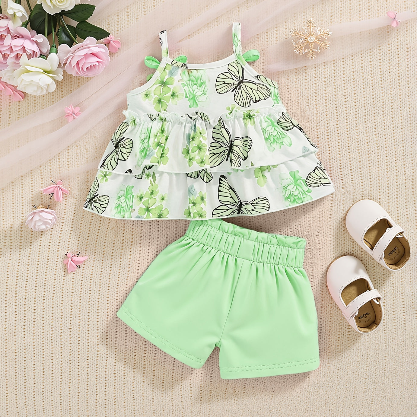 2PCS Lovely Butterfly Floral Printed Sleeveless Baby Set