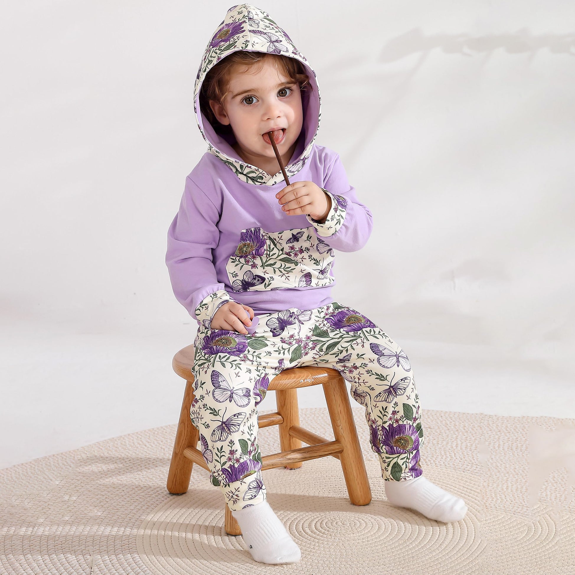 2PCS Elegant Floral Butterfly Printed Hooded Long Sleeve Baby Set