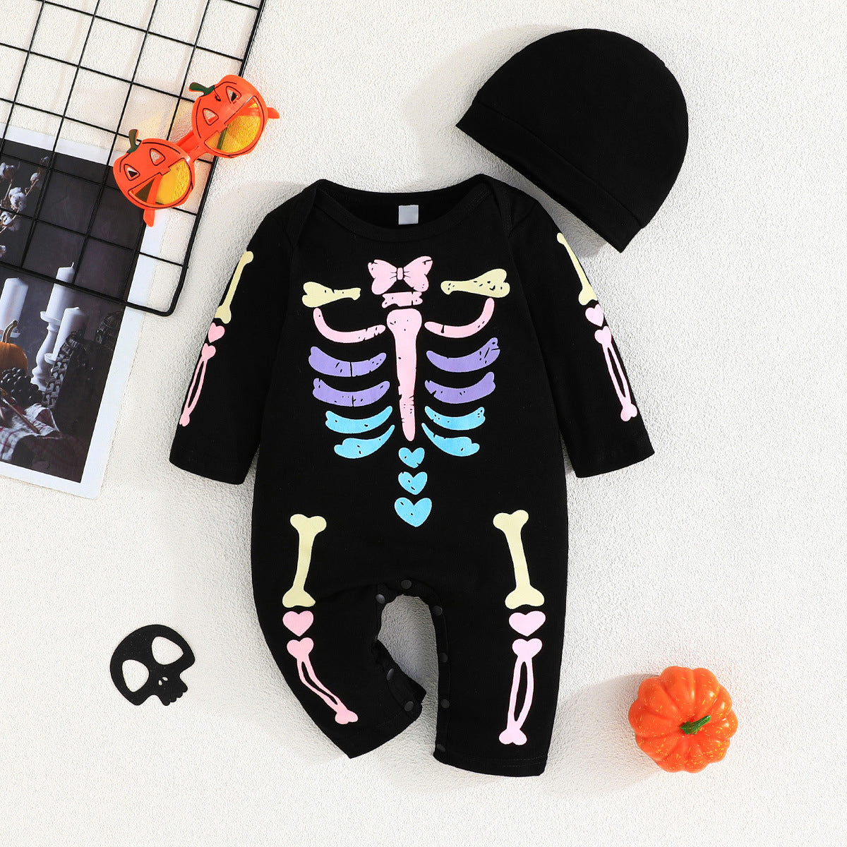 2PCS Fashion Halloween Luminous Skeleton Printed Baby Jumpsuit